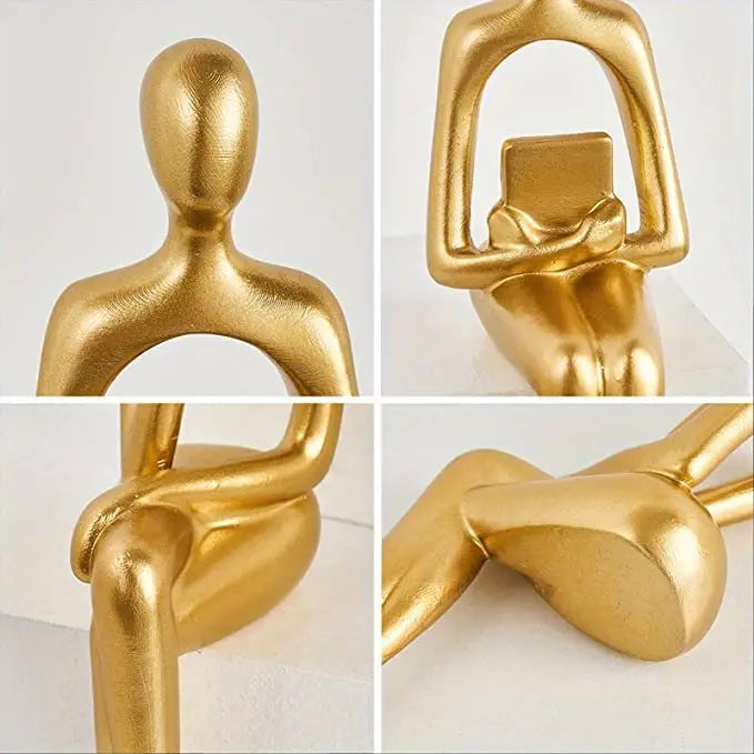 Set of 3 Resin Gold Abstract Thinker Statues | Modern Sitting Shelf Sitter Sculpture Decor for Home Office Bookshelf Living Room