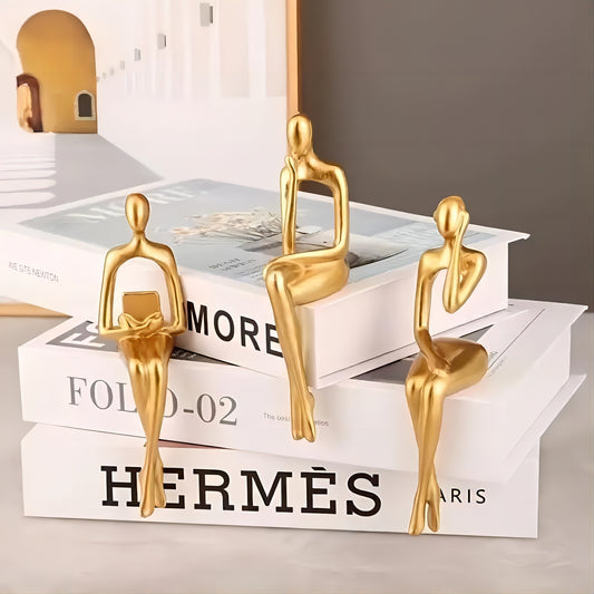 Set of 3 Resin Gold Abstract Thinker Statues | Modern Sitting Shelf Sitter Sculpture Decor for Home Office Bookshelf Living Room