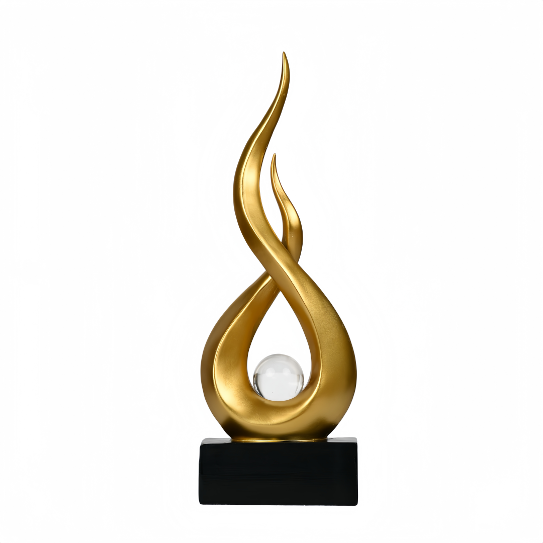 Modern Gold Abstract Flame Sculpture with Crystal Ball – Luxury Resin Art Decor for Home, Office & Living Room