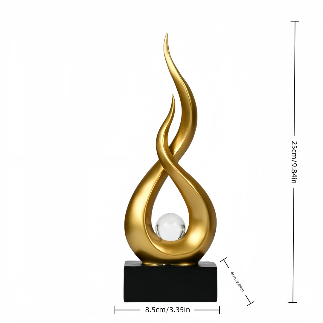 Modern Gold Abstract Flame Sculpture with Crystal Ball – Luxury Resin Art Decor for Home, Office & Living Room