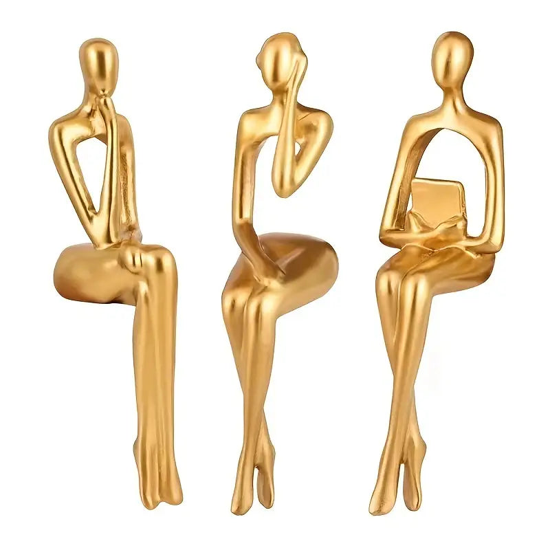 Set of 3 Resin Gold Abstract Thinker Statues | Modern Sitting Shelf Sitter Sculpture Decor for Home Office Bookshelf Living Room