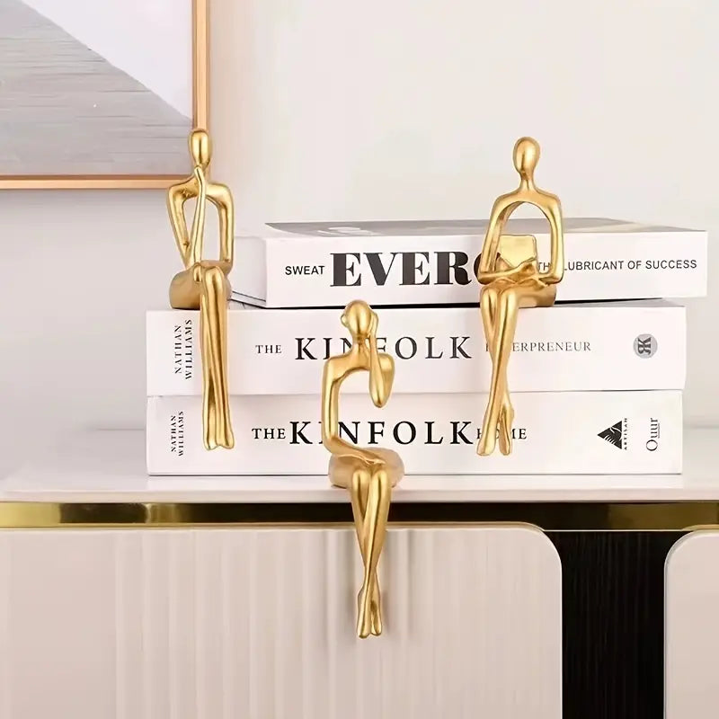 Set of 3 Resin Gold Abstract Thinker Statues | Modern Sitting Shelf Sitter Sculpture Decor for Home Office Bookshelf Living Room