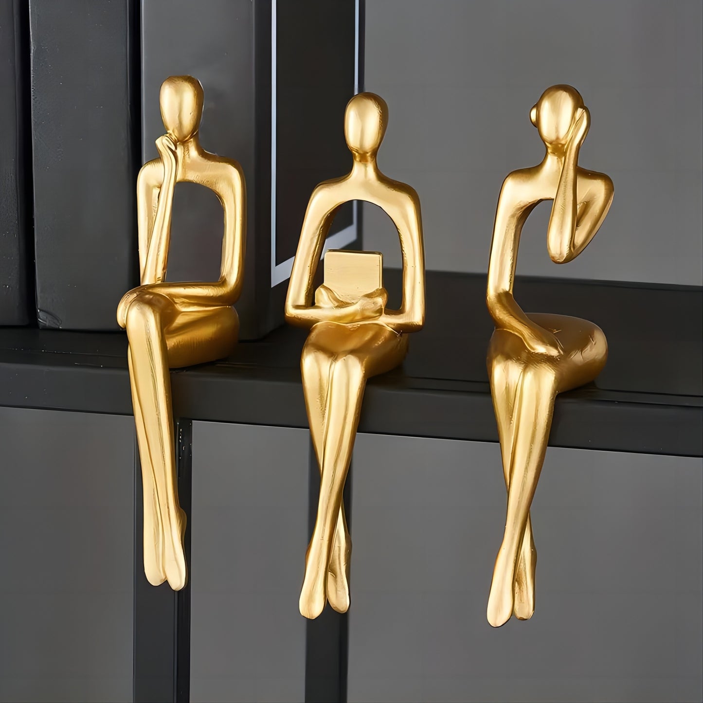 Set of 3 Resin Gold Abstract Thinker Statues | Modern Sitting Shelf Sitter Sculpture Decor for Home Office Bookshelf Living Room