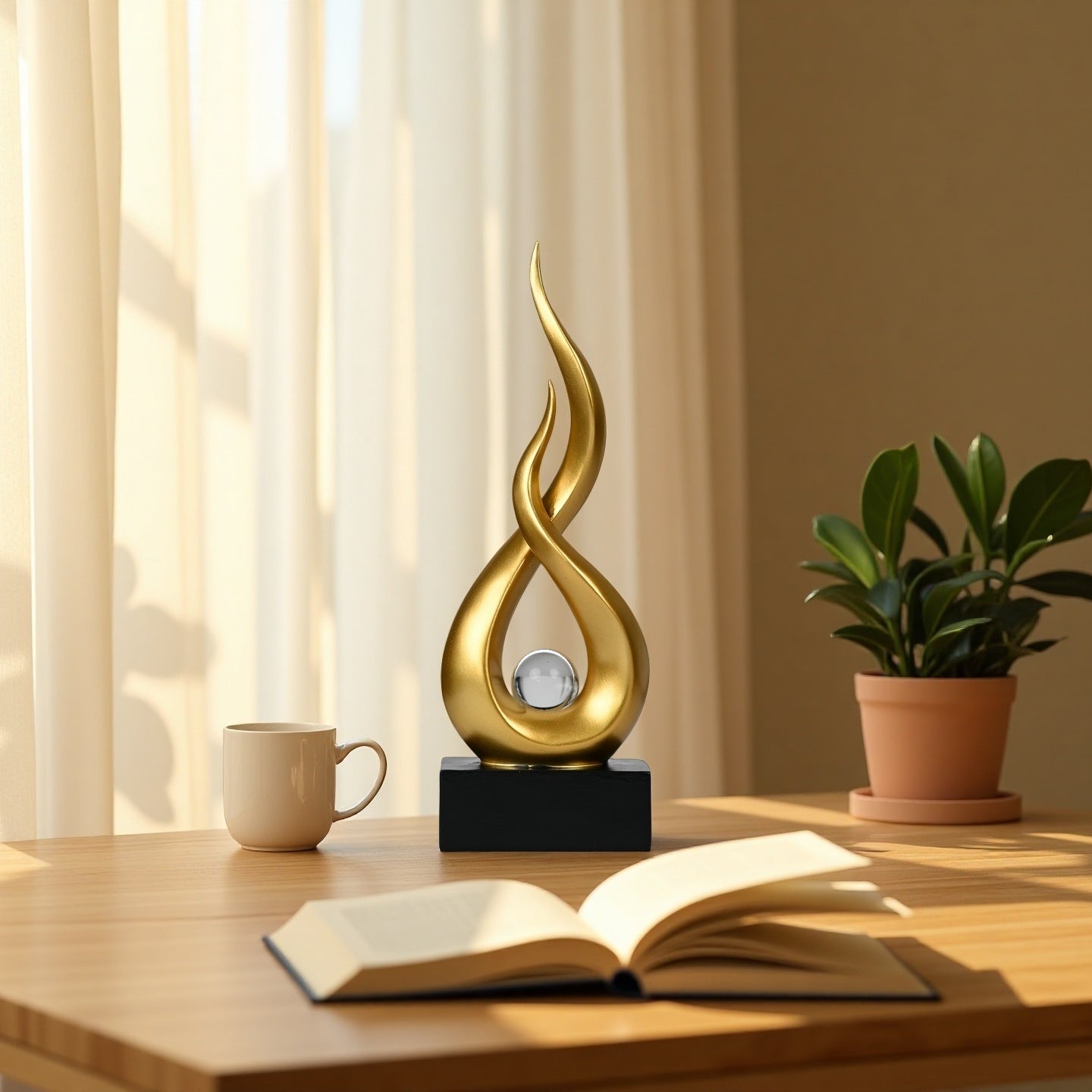 Modern Gold Abstract Flame Sculpture with Crystal Ball – Luxury Resin Art Decor for Home, Office & Living Room