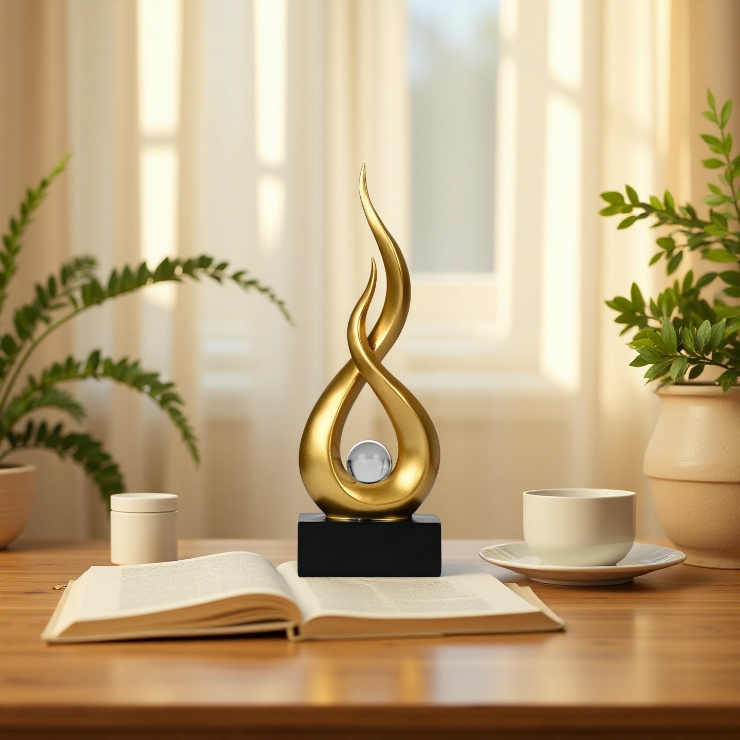Modern Gold Abstract Flame Sculpture with Crystal Ball – Luxury Resin Art Decor for Home, Office & Living Room
