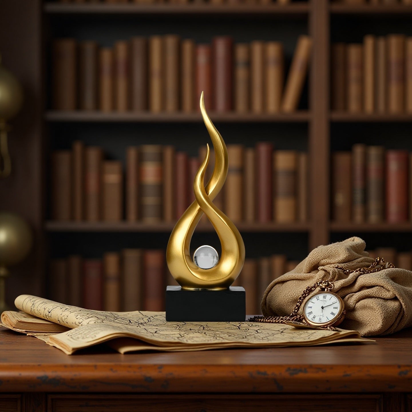 Modern Gold Abstract Flame Sculpture with Crystal Ball – Luxury Resin Art Decor for Home, Office & Living Room