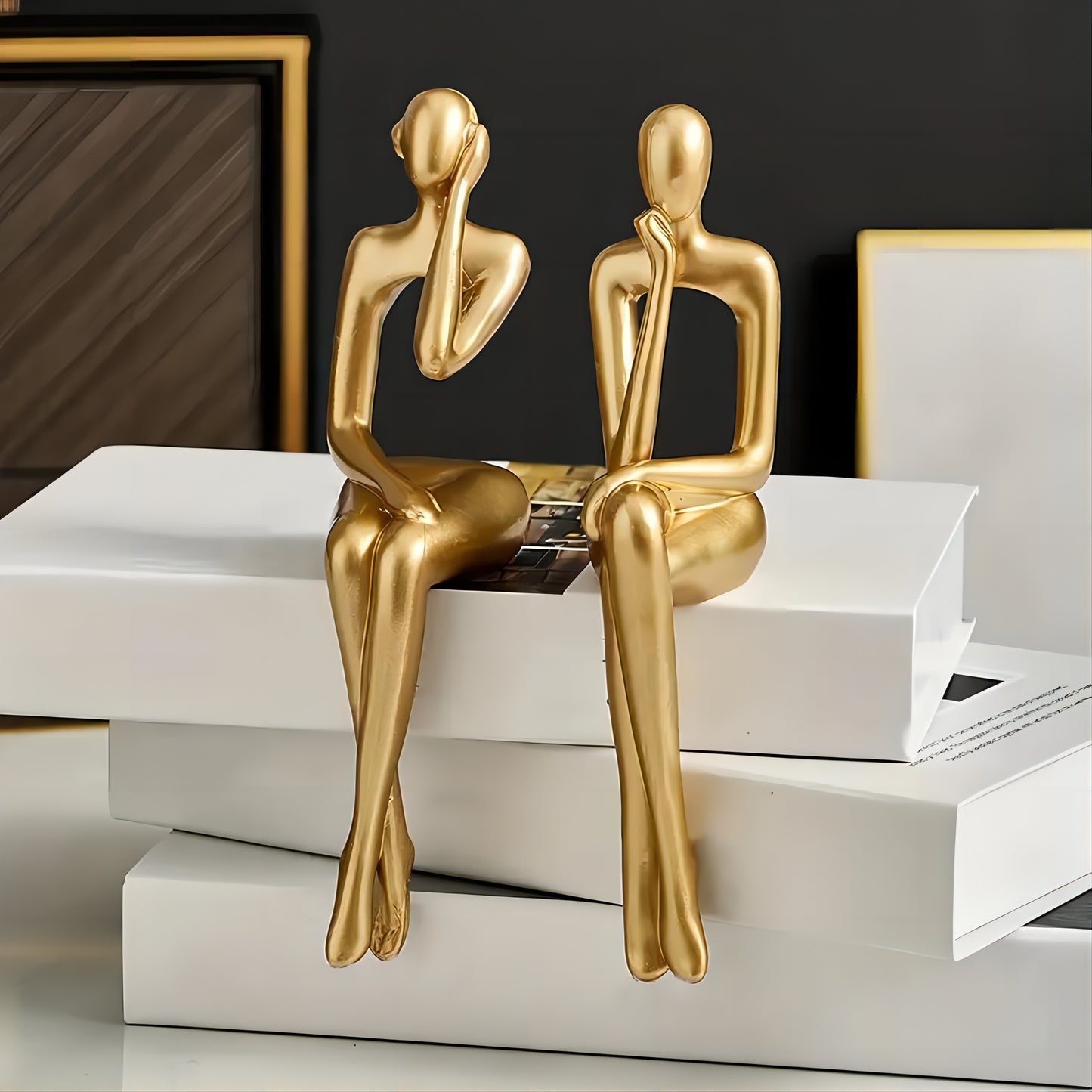 Set of 3 Resin Gold Abstract Thinker Statues | Modern Sitting Shelf Sitter Sculpture Decor for Home Office Bookshelf Living Room